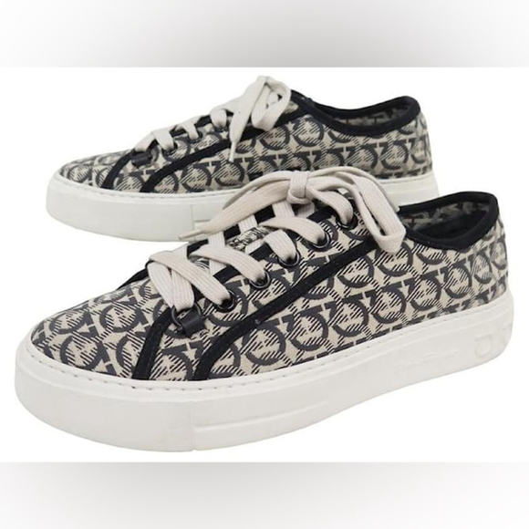 Salvatore Ferragamo Shoes - Salvatore Ferragamo Wimbledon Gancini Print Beige Nero Sneakers Shoes Tr…